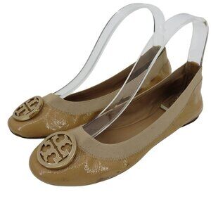 Tory Burch Women 7.5 M CAROLINE Beige Patent Leather Logo Ballet Flats Shoes